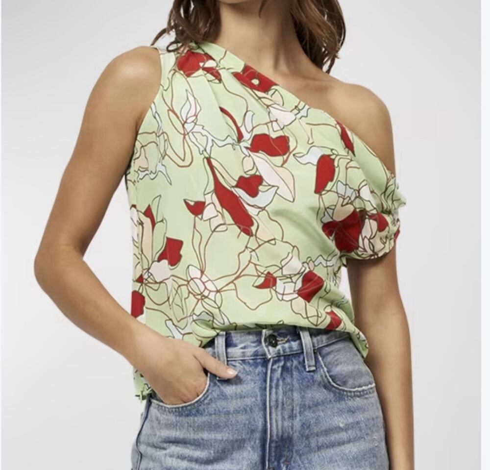 Equipment Oriana Silk One-Shoulder Green Floral Top Chic Size Medium MSRP: $225